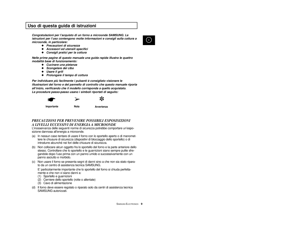 Samsung CE2713/XET manual Uso di questa guida di istruzioni, Importante Nota, Avvertenza 