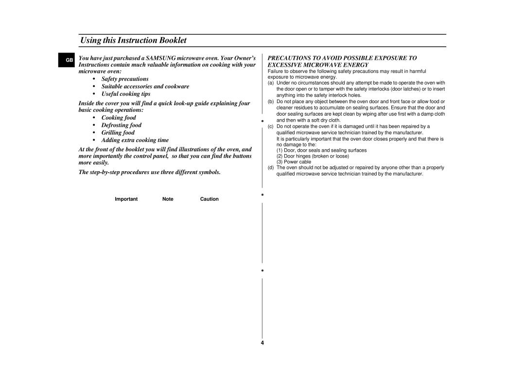 Samsung CE2717N/ERP manual Using this Instruction Booklet, ImportantNoteCaution 