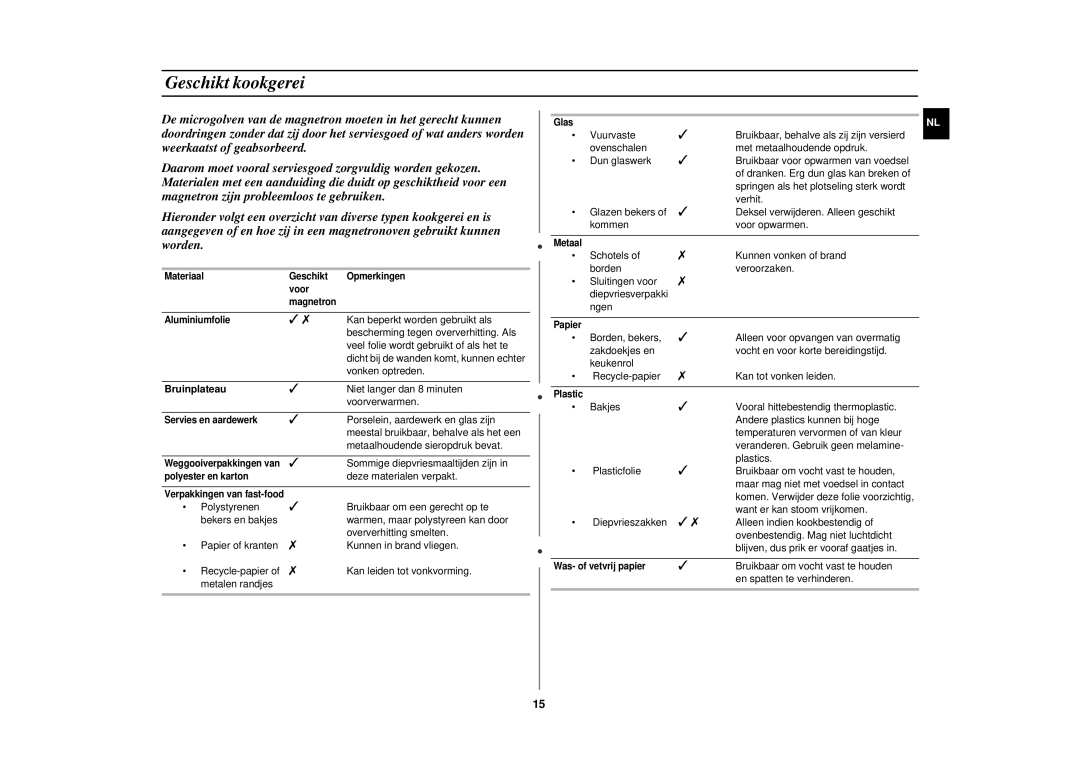 Samsung CE2717N/XEN manual Geschikt kookgerei, Bruinplateau 