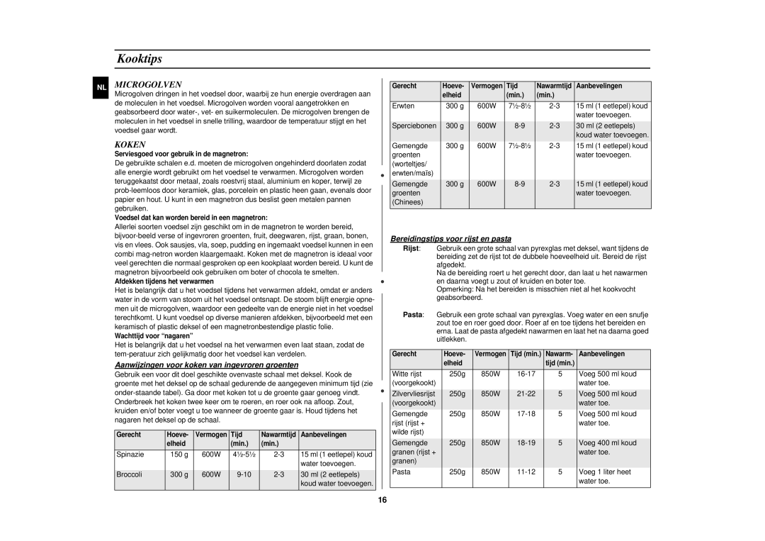 Samsung CE2717N/XEN manual Kooktips, Microgolven, Koken, Aanwijzingen voor koken van ingevroren groenten 