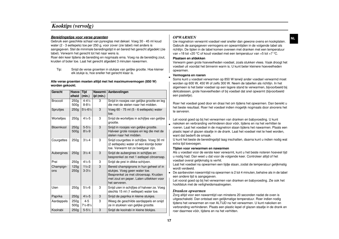 Samsung CE2717N/XEN manual Kooktips vervolg, Opwarmen, Bereidingstips voor verse groenten 