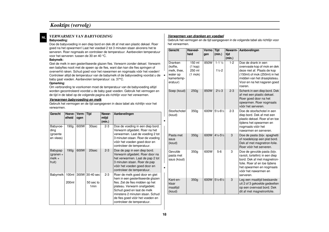 Samsung CE2717N/XEN manual Verwarmen VAN Babyvoeding, Verwarmen babyvoeding en melk, Verwarmen van dranken en voedsel 