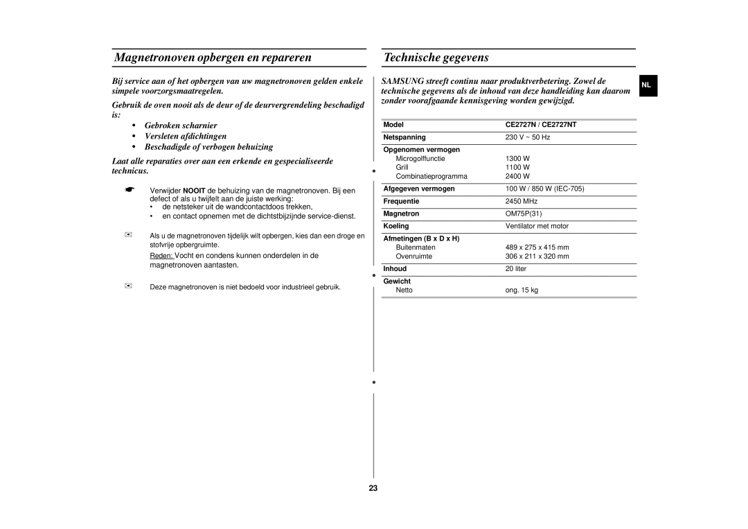 Samsung CE2717N/XEN manual Magnetronoven opbergen en repareren, Technische gegevens 
