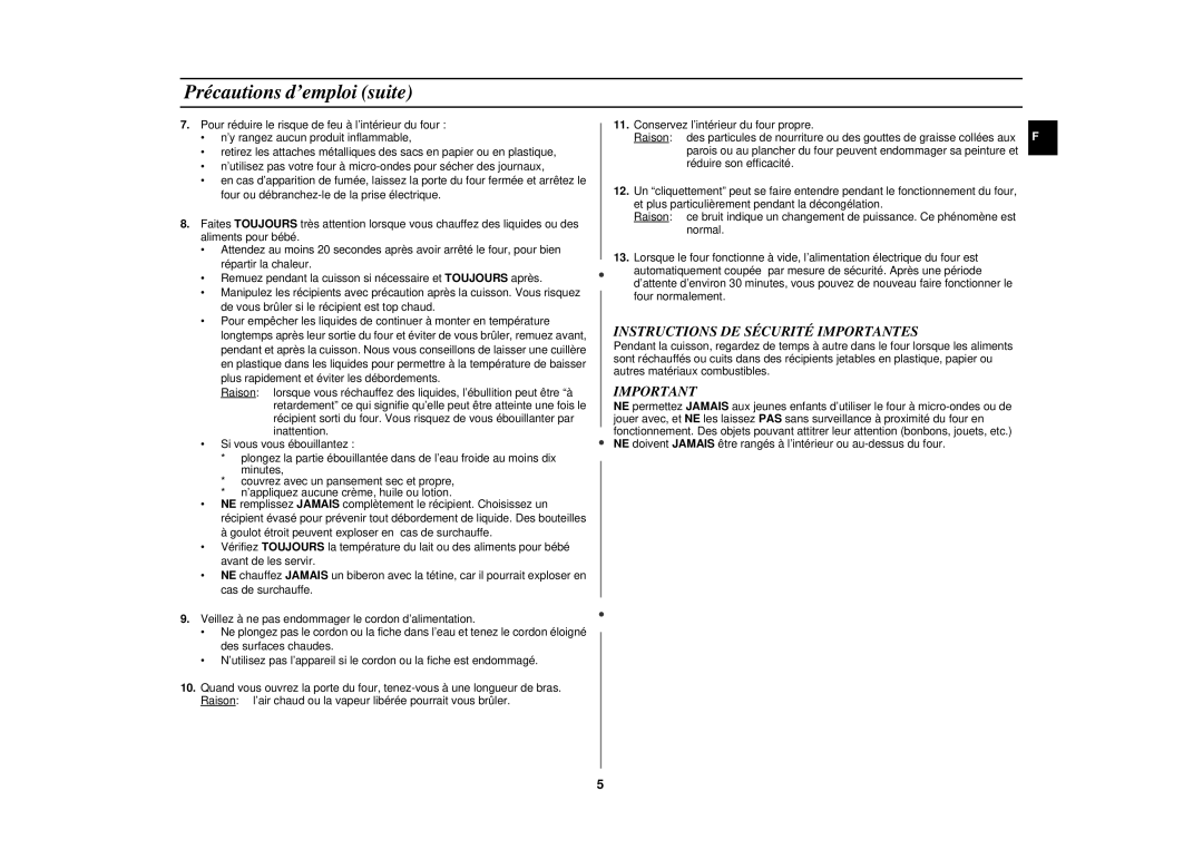 Samsung CE2717N/XEN manual Précautions d’emploi suite, Instructions DE Sécurité Importantes 