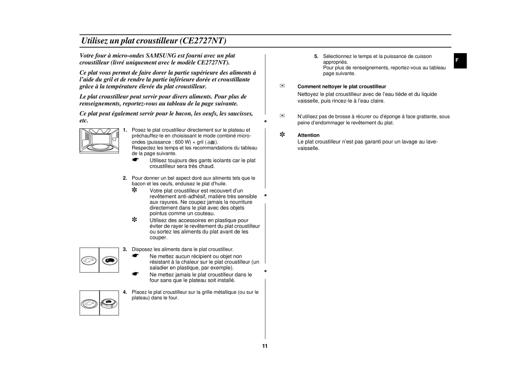 Samsung CE2717N/XEN manual Utilisez un plat croustilleur CE2727NT, Comment nettoyer le plat croustilleur 