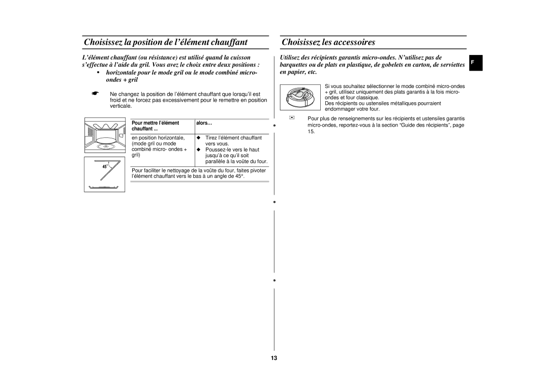 Samsung CE2717N/XEN manual Choisissez la position de l’élément chauffant, Choisissez les accessoires 