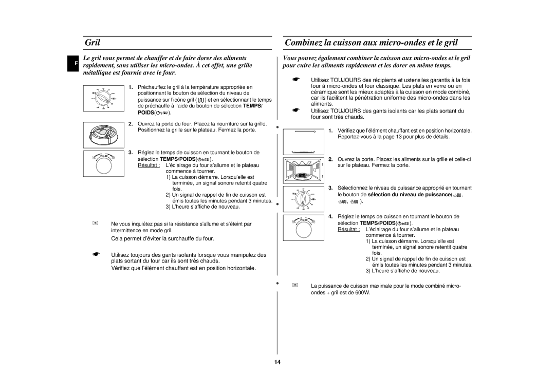 Samsung CE2717N/XEN manual Gril, Combinez la cuisson aux micro-ondes et le gril 