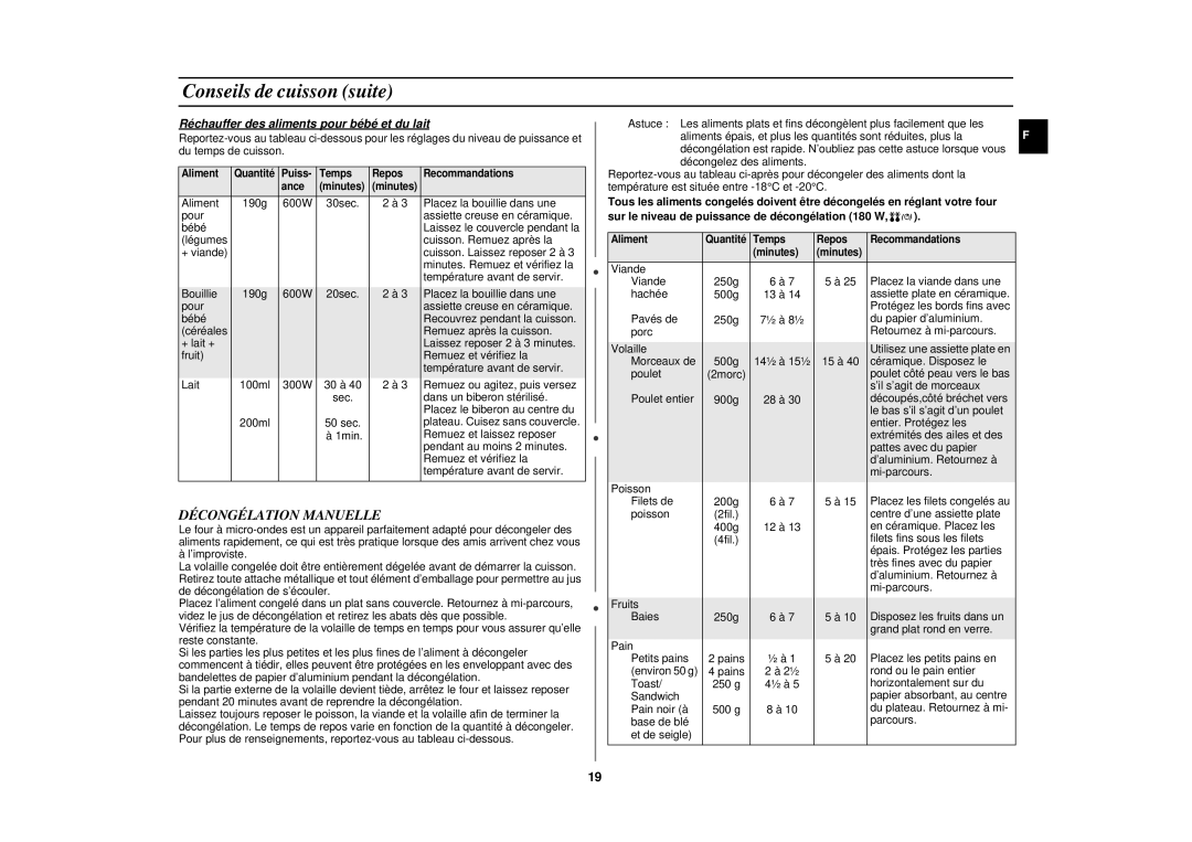 Samsung CE2717N/XEN manual Décongélation Manuelle, Réchauffer des aliments pour bébé et du lait 