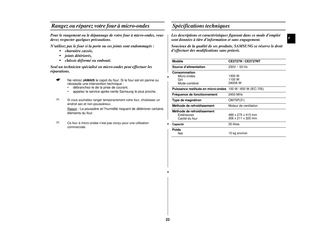 Samsung CE2717N/XEN manual Rangez ou réparez votre four à micro-ondes, Spécifications techniques 