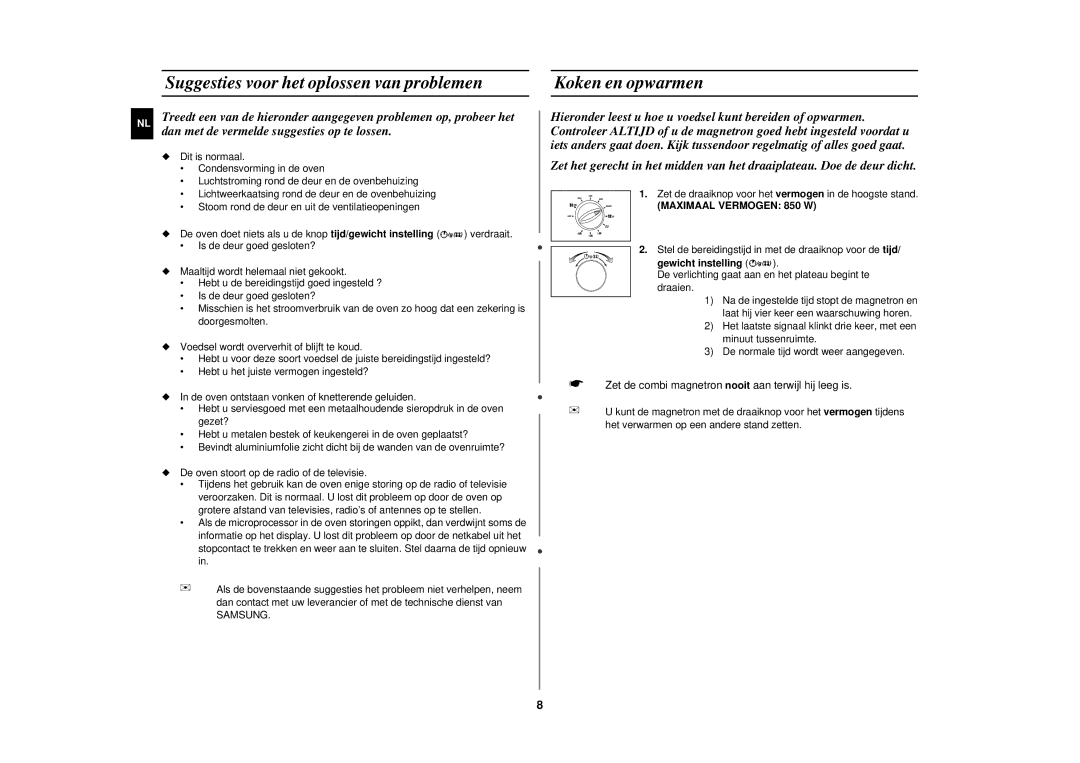 Samsung CE2717N/XEN manual Suggesties voor het oplossen van problemen, Koken en opwarmen 