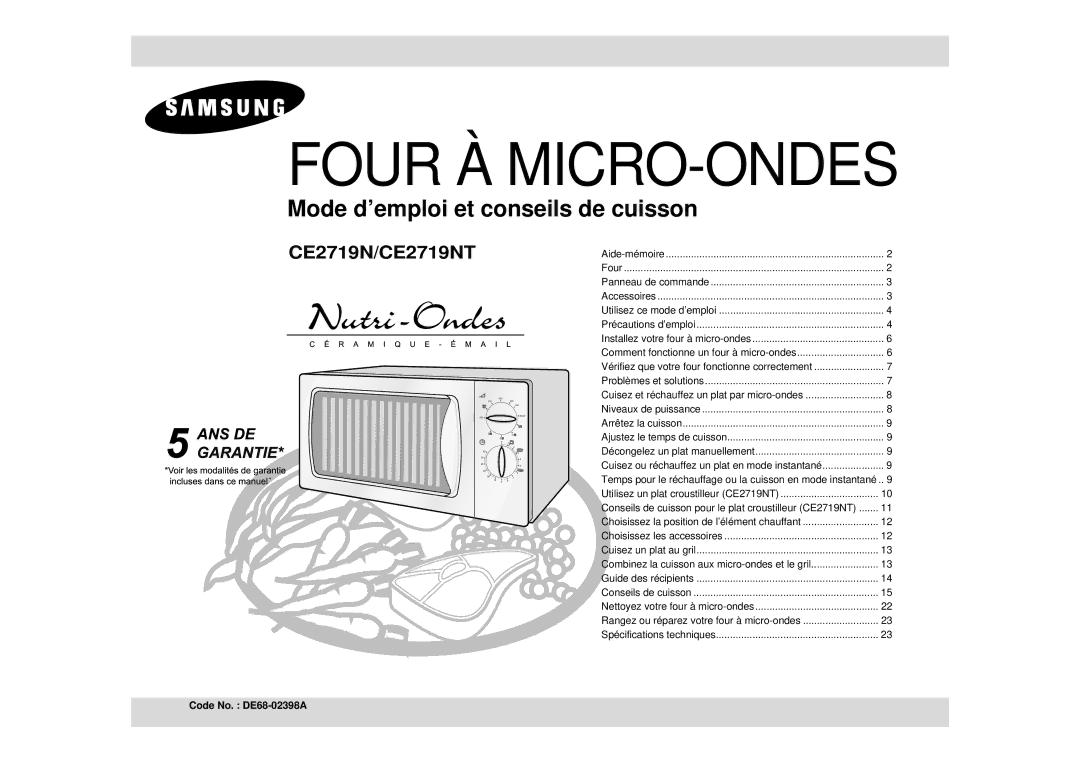 Samsung CE2719N-Y/XEF, CE2719N/XEF manual Four À MICRO-ONDES, Code No. DE68-02398A 