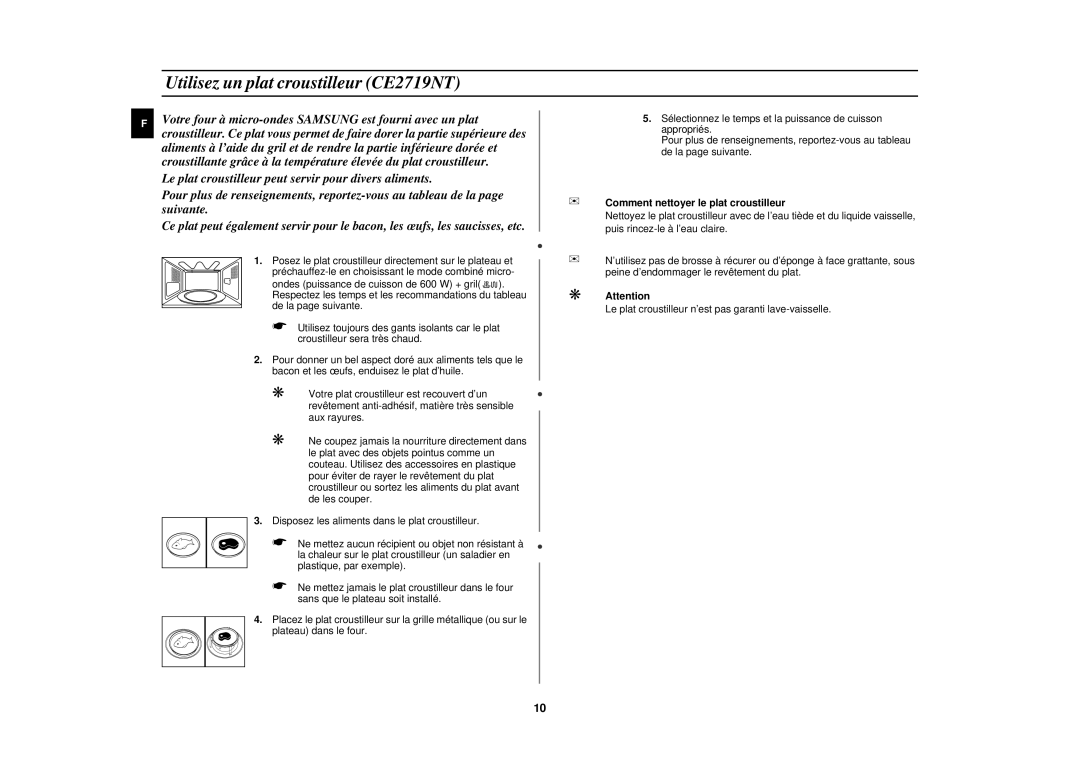 Samsung CE2719N/XEF, CE2719N-Y/XEF manual Utilisez un plat croustilleur CE2719NT, Comment nettoyer le plat croustilleur 