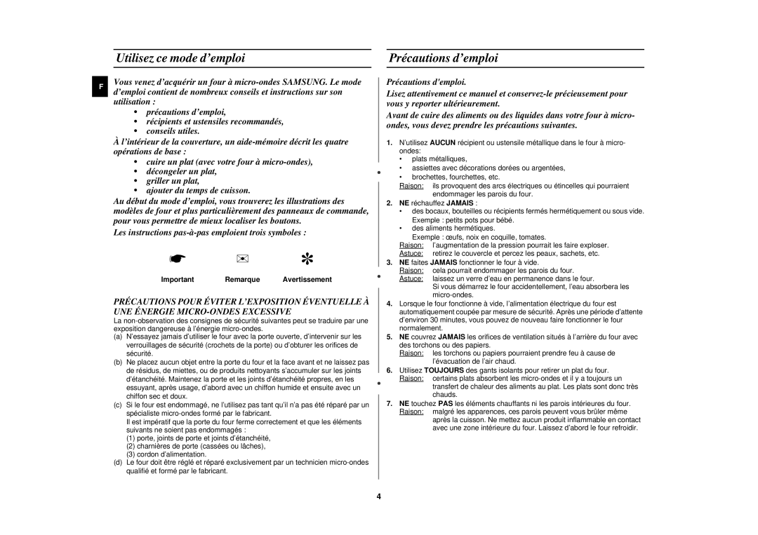 Samsung CE2719N/XEF, CE2719N-Y/XEF manual Utilisez ce mode d’emploi, Précautions d’emploi, Important Remarque Avertissement 