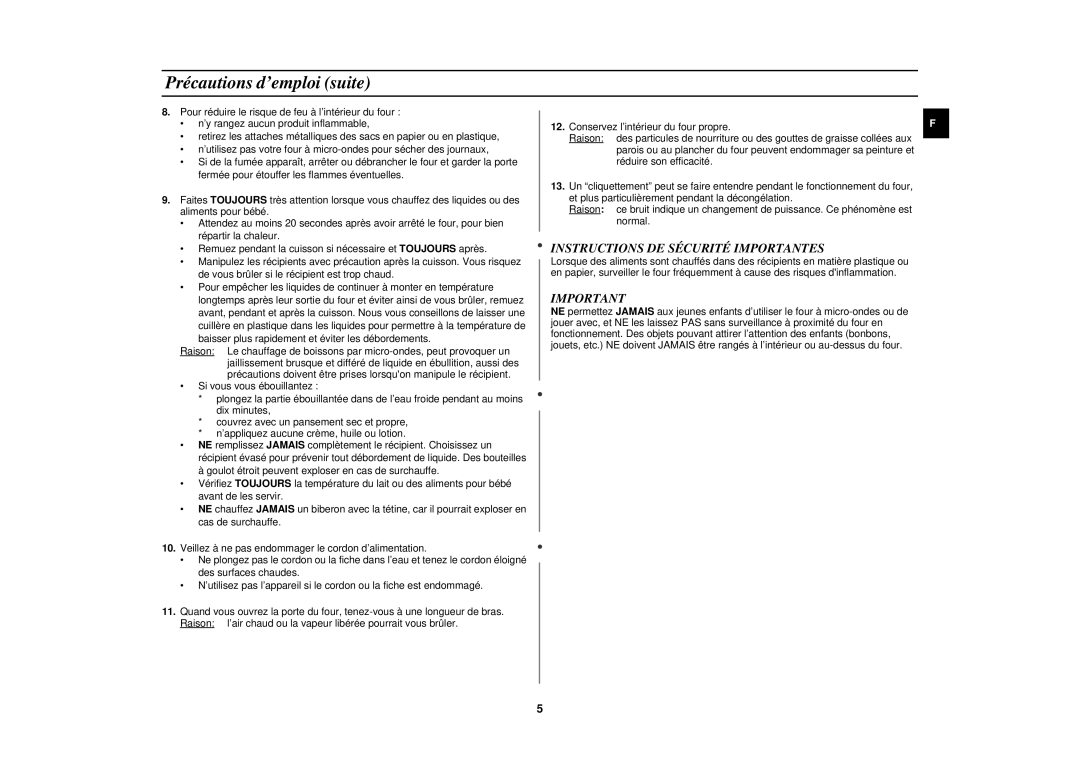 Samsung CE2719N-Y/XEF, CE2719N/XEF manual Précautions d’emploi suite, Instructions DE Sécurité Importantes 