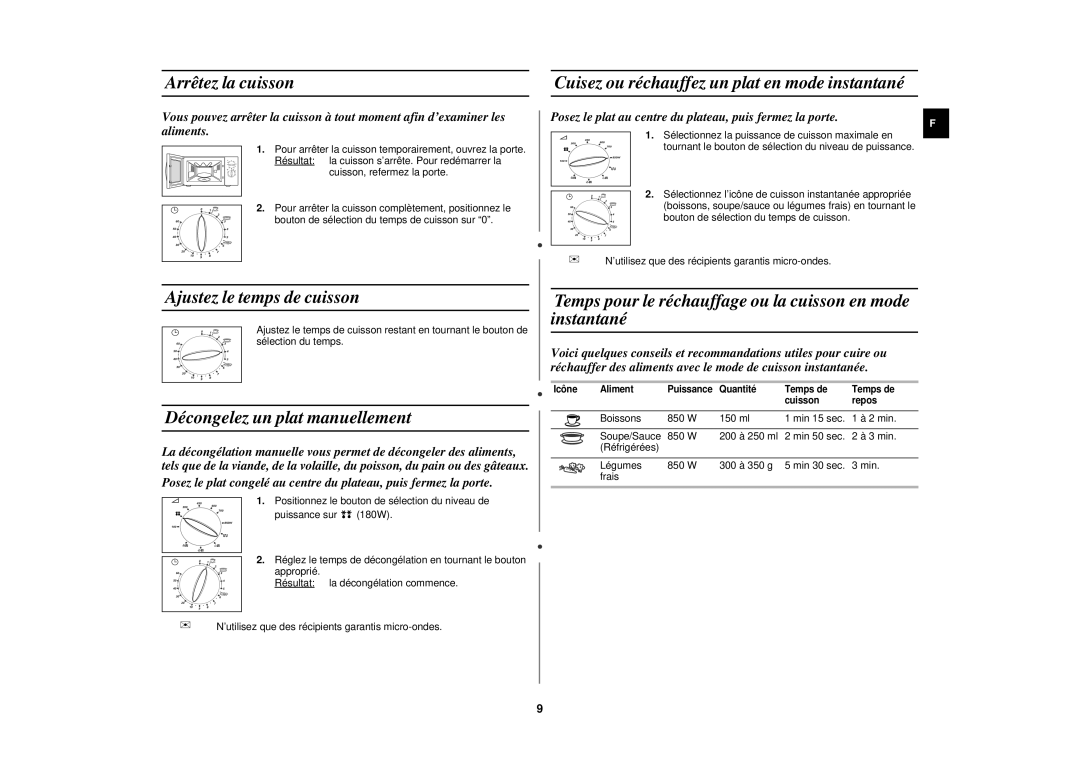 Samsung CE2719N-Y/XEF, CE2719N/XEF manual Arrêtez la cuisson, Ajustez le temps de cuisson, Décongelez un plat manuellement 