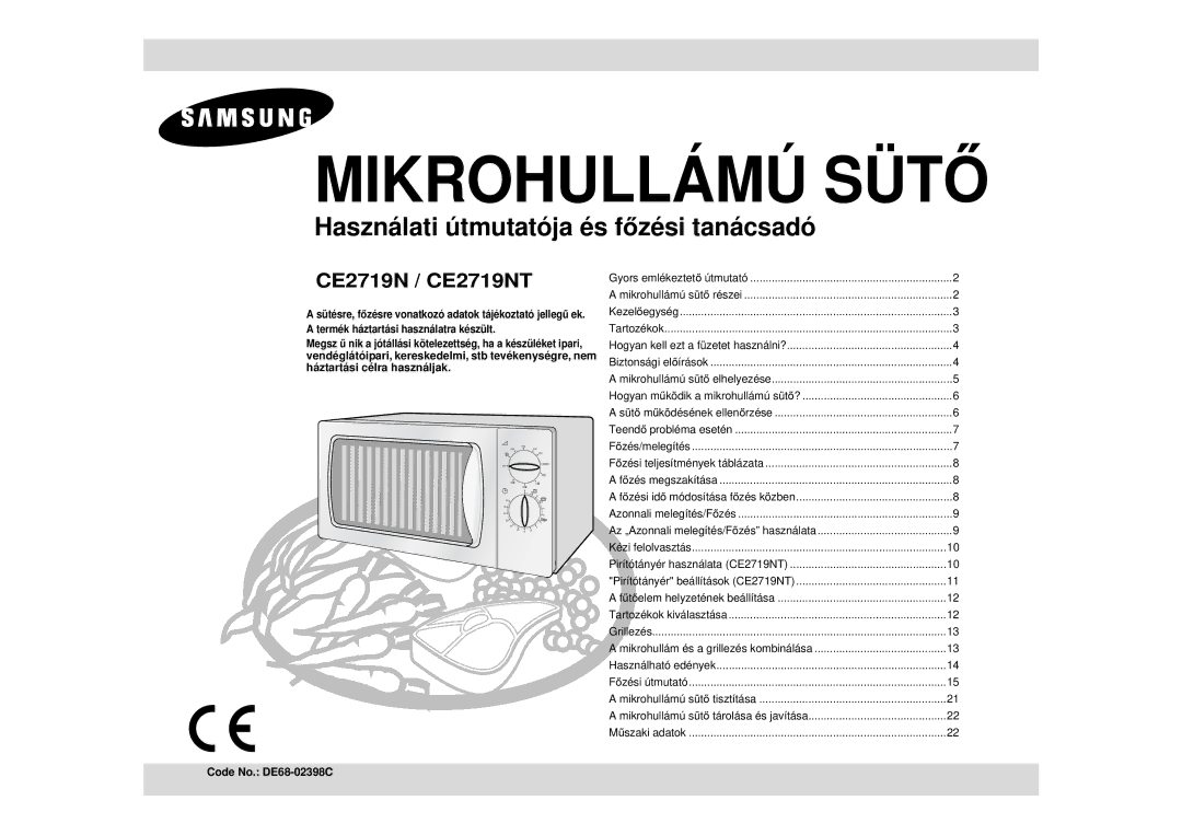 Samsung CE2719N/XEH manual Mikrohullámú SÜT Ő, Code No. DE68-02398C 