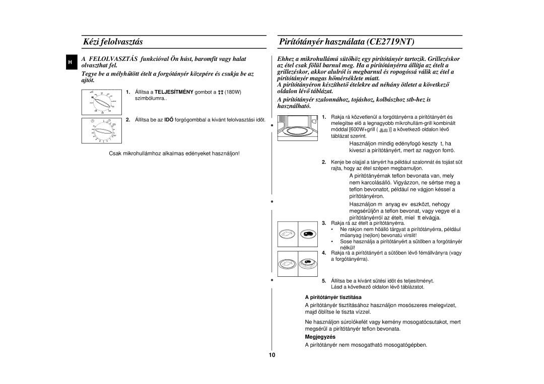 Samsung CE2719N/XEH manual Kézi felolvasztás, Pirítótányér használata CE2719NT, Pirítótányér tisztítása, Megjegyzés 