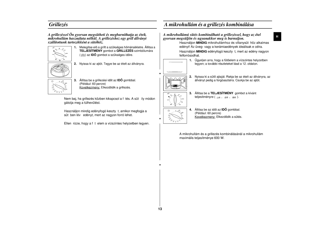 Samsung CE2719N/XEH manual Grillezés, Mikrohullám és a grillezés kombinálása 