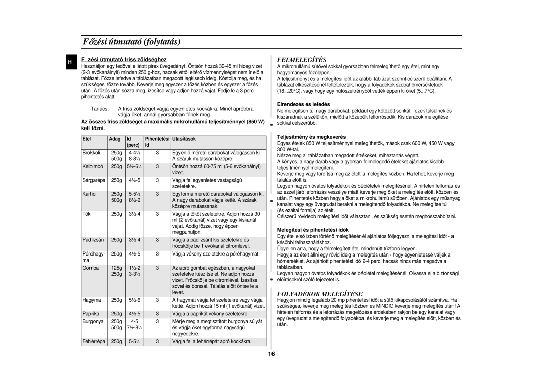 Samsung CE2719N/XEH manual Főzési útmutató folytatás, Felmelegítés, Folyadékok Melegítése 