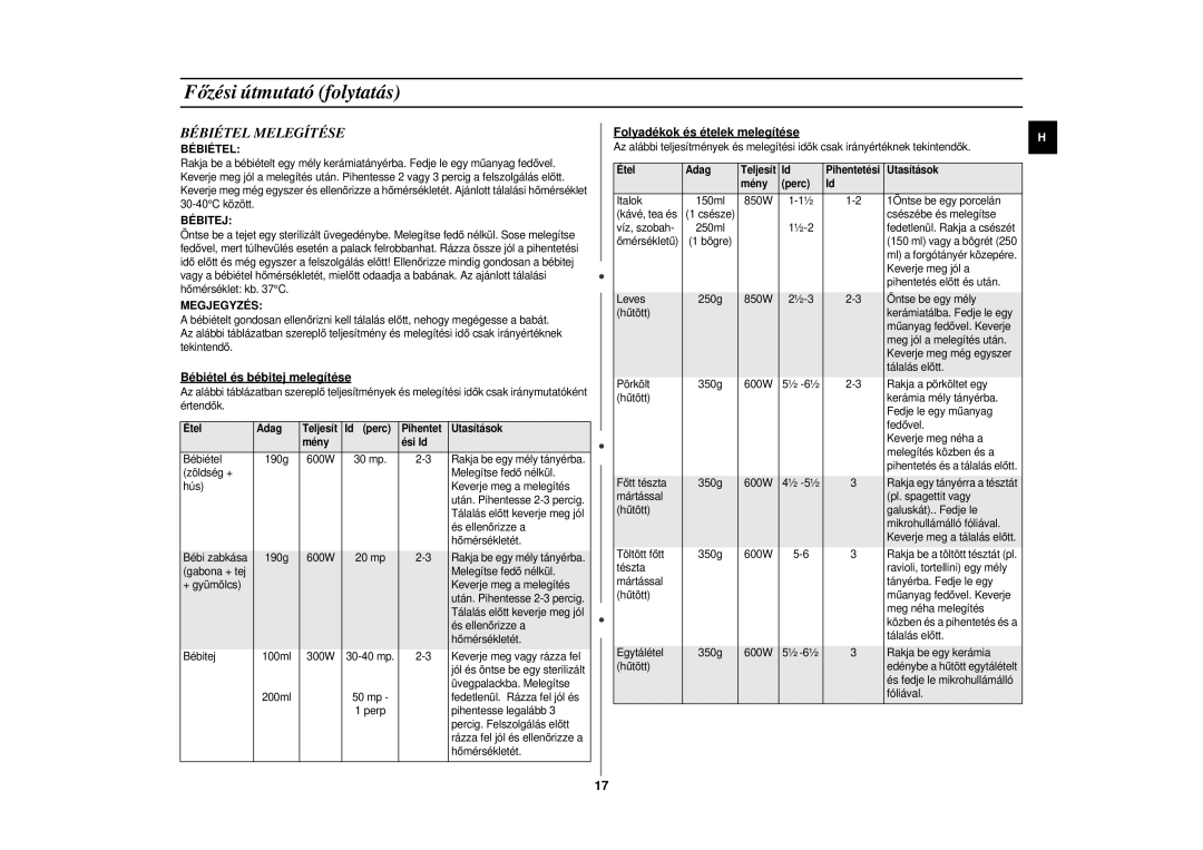 Samsung CE2719N/XEH manual Bébiétel Melegítése, Bébitej, Megjegyzés 