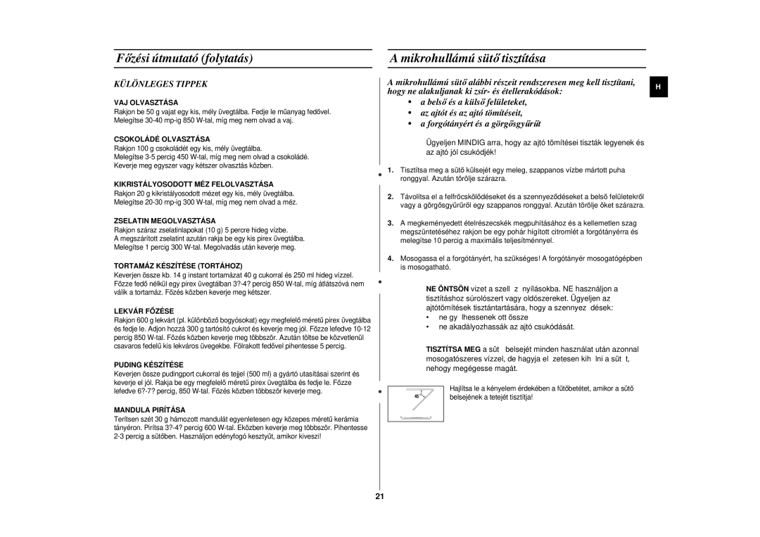 Samsung CE2719N/XEH manual Mikrohullámú süt ő tisztítása, Különleges Tippek 