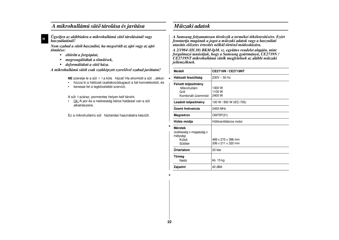 Samsung CE2719N/XEH manual Mikrohullámú süt ő tárolása és javítása, Műszaki adatok 