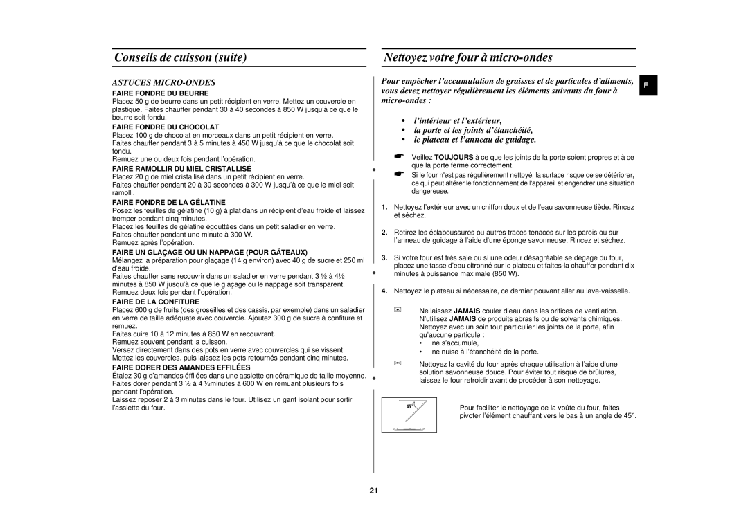 Samsung CE271FN/XEF manual Conseils de cuisson suite Nettoyez votre four à micro-ondes, Astuces MICRO-ONDES 