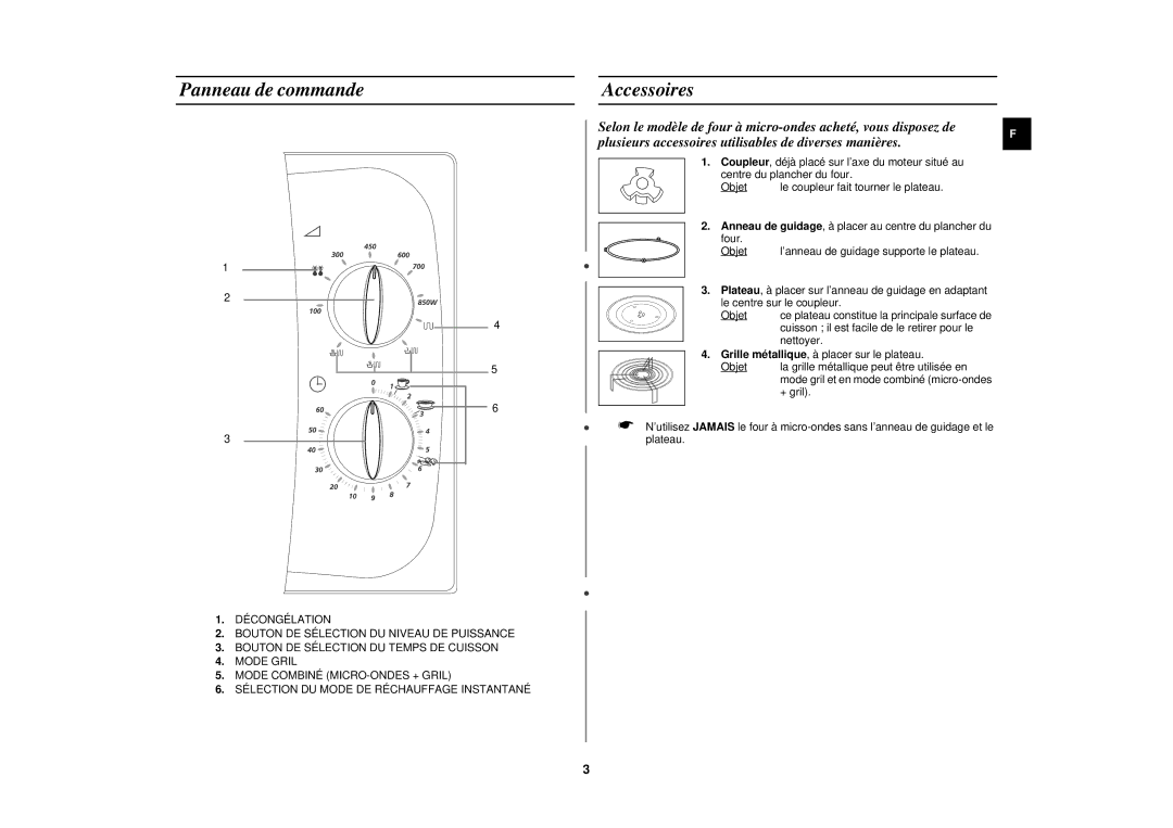 Samsung CE271FN/XEF manual Panneau de commande Accessoires 