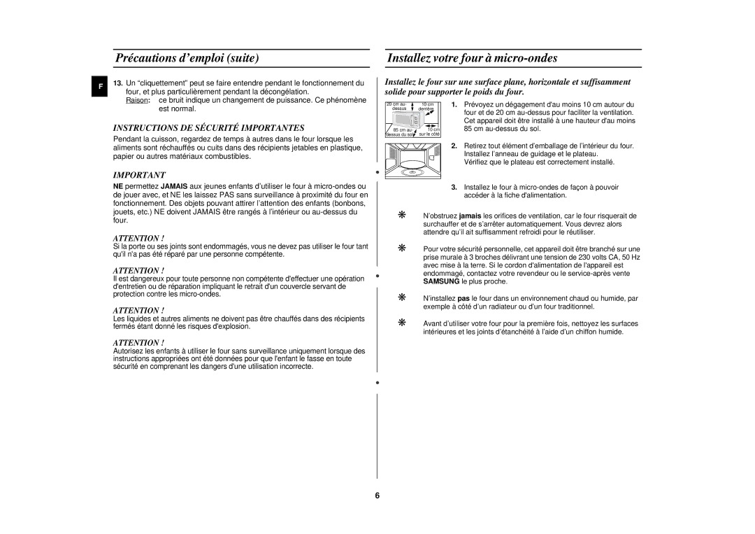 Samsung CE271FN/XEF manual Instructions DE Sécurité Importantes, Prévoyez un dégagement dau moins 10 cm autour du 