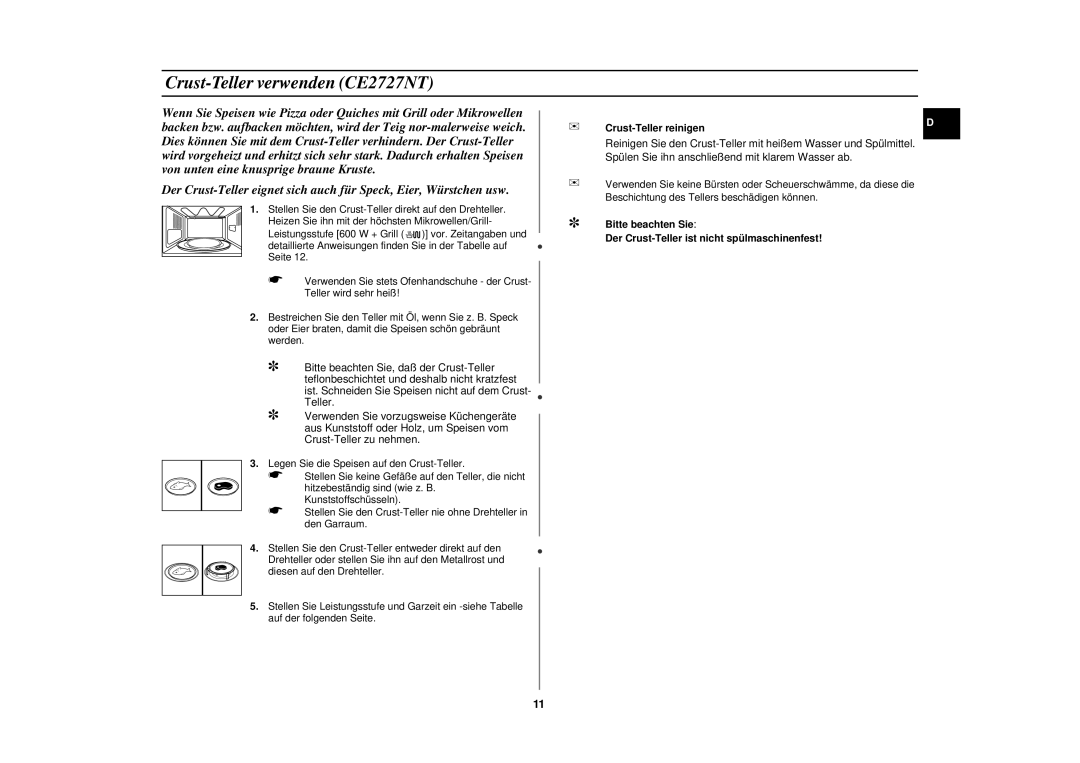 Samsung CE2727N/XEG, CE2727N-S/XEG manual Crust-Teller verwenden CE2727NT, Crust-Teller reinigen 