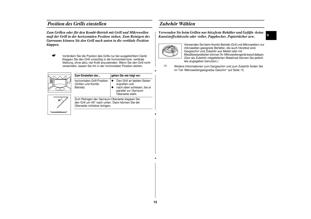 Samsung CE2727N/XEG, CE2727N-S/XEG manual Position des Grills einstellen, Zubehör Wählen 