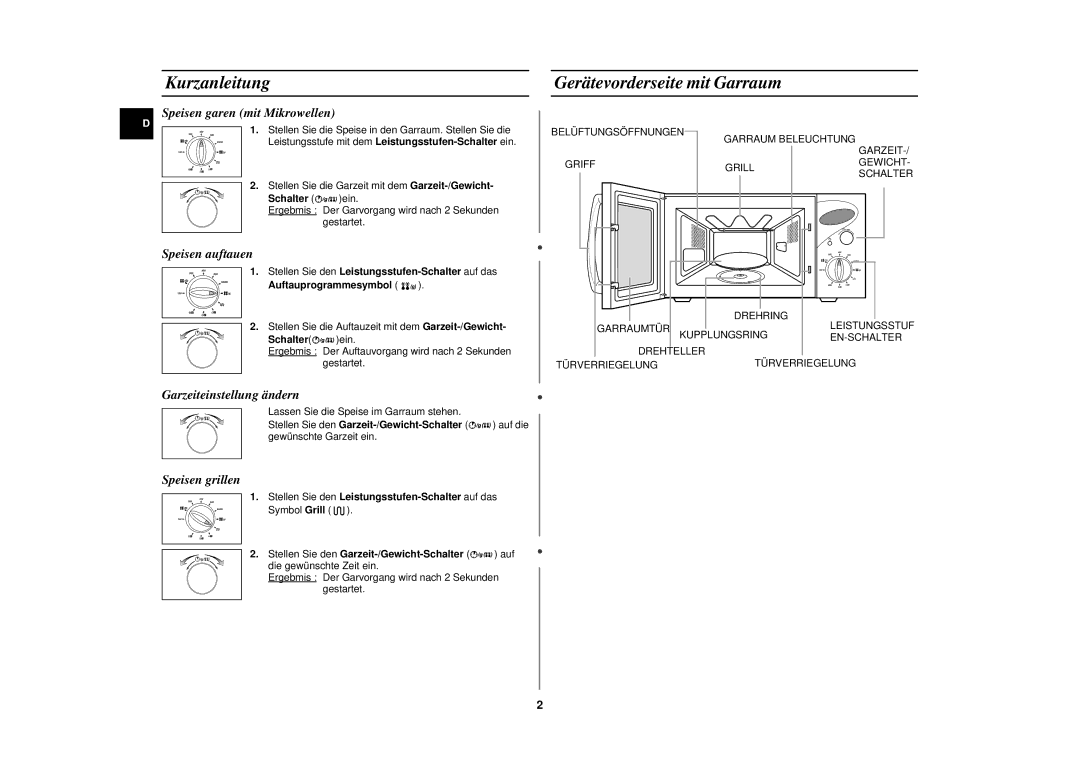 Samsung CE2727N-S/XEG, CE2727N/XEG manual Kurzanleitung, Gerätevorderseite mit Garraum 