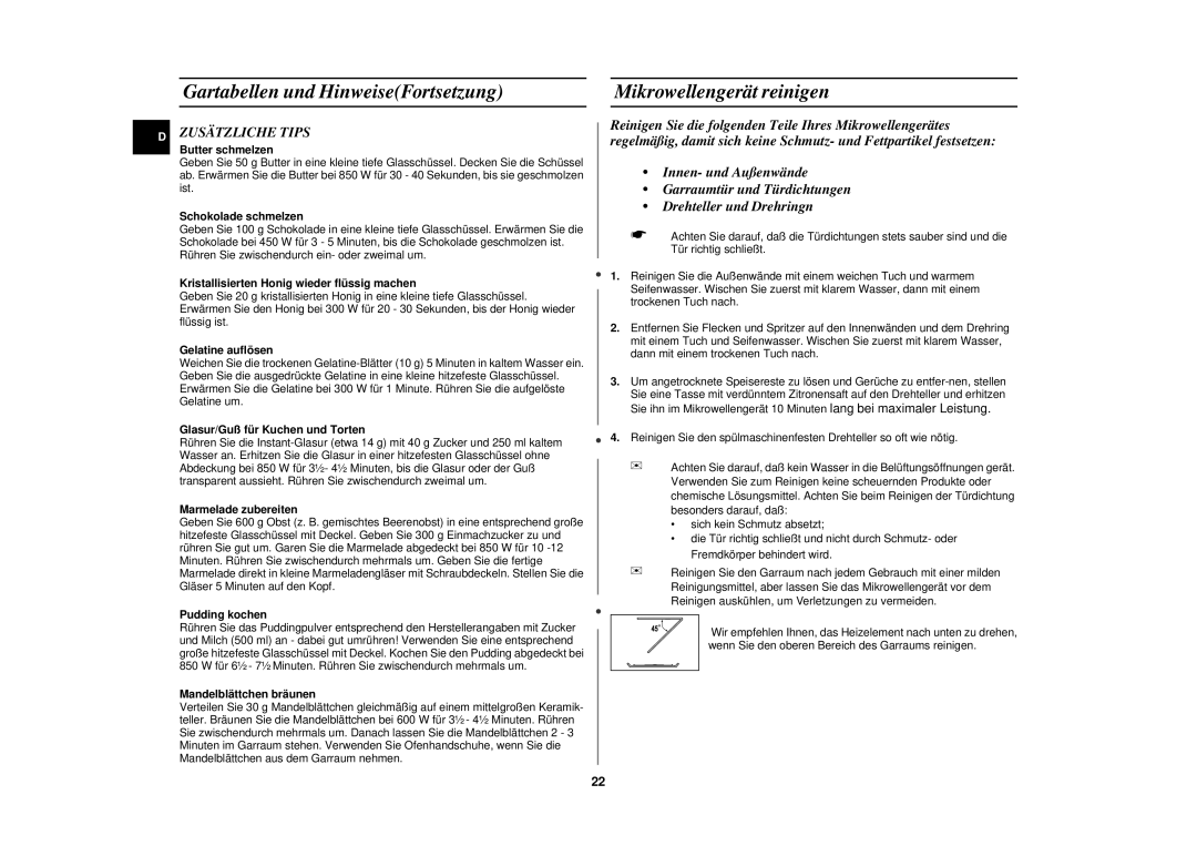 Samsung CE2727N-S/XEG, CE2727N/XEG manual Mikrowellengerät reinigen, Zusätzliche Tips 