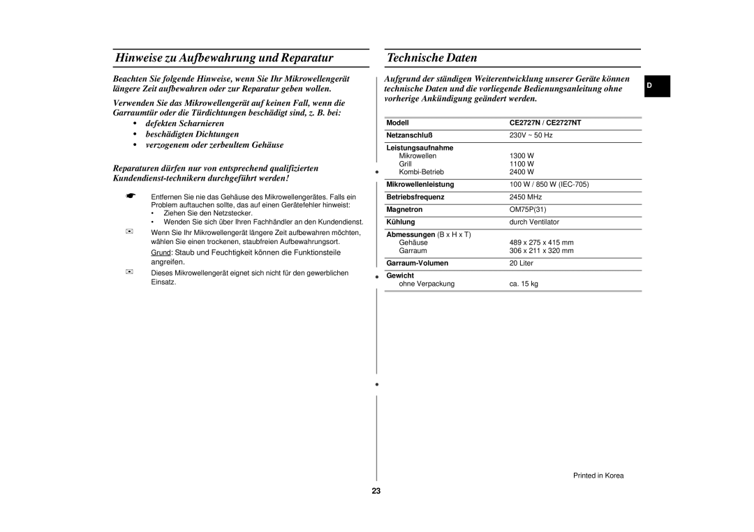 Samsung CE2727N/XEG, CE2727N-S/XEG manual Hinweise zu Aufbewahrung und Reparatur, Technische Daten 