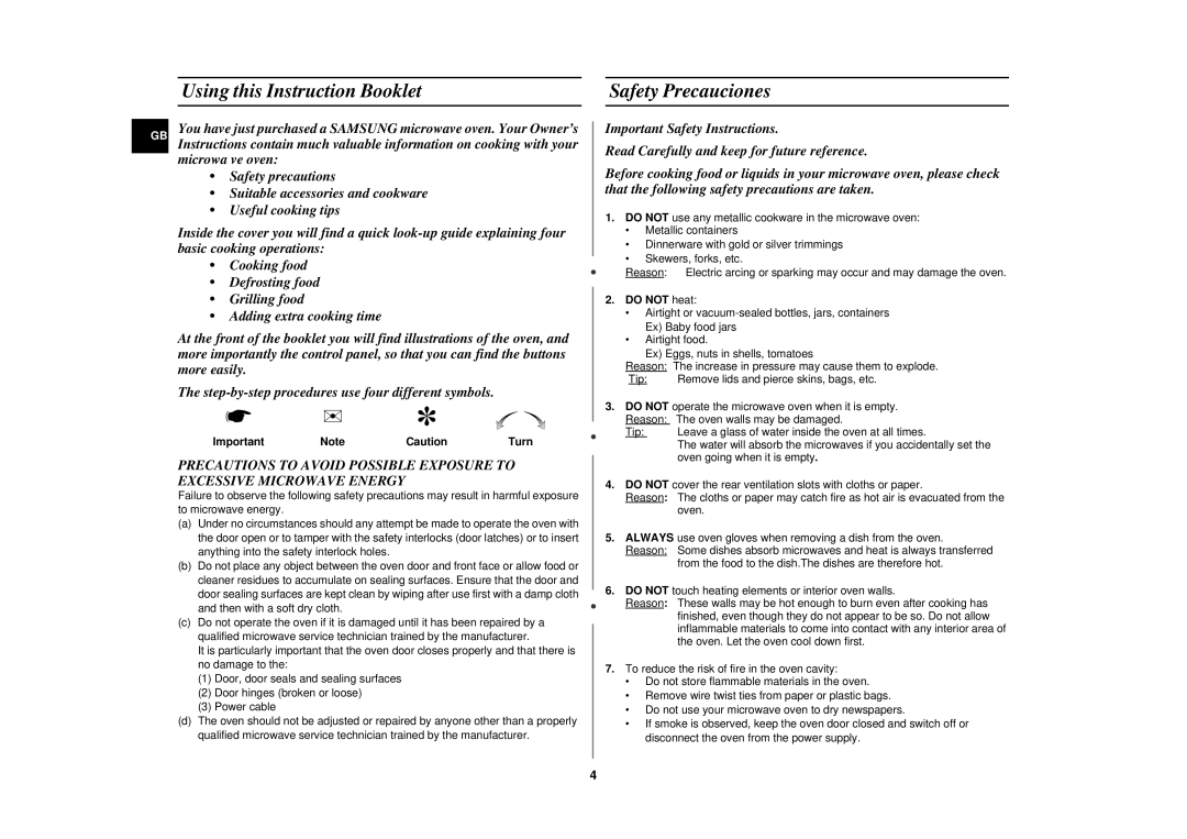 Samsung CE2727N-S/XEG, CE2727N/XEG manual Using this Instruction Booklet, Safety Precauciones 