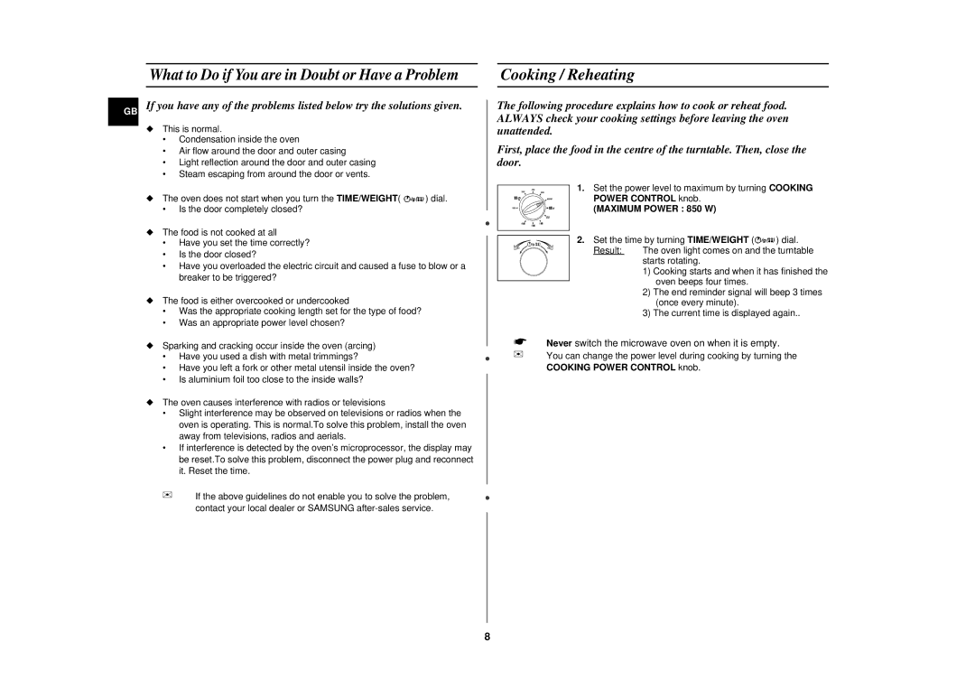 Samsung CE2727N-S/XEG, CE2727N/XEG manual Cooking / Reheating, What to Do if You are in Doubt or Have a Problem 