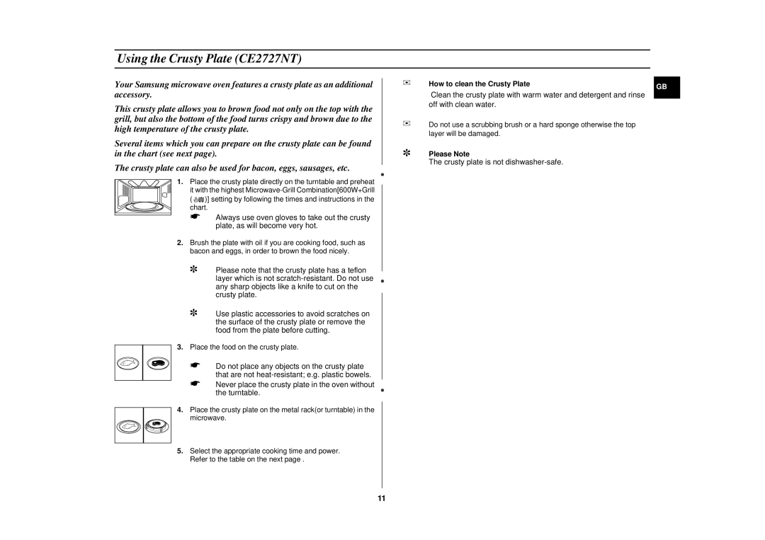 Samsung CE2727N/XEG, CE2727N-S/XEG manual Using the Crusty Plate CE2727NT, How to clean the Crusty Plate, Please Note 