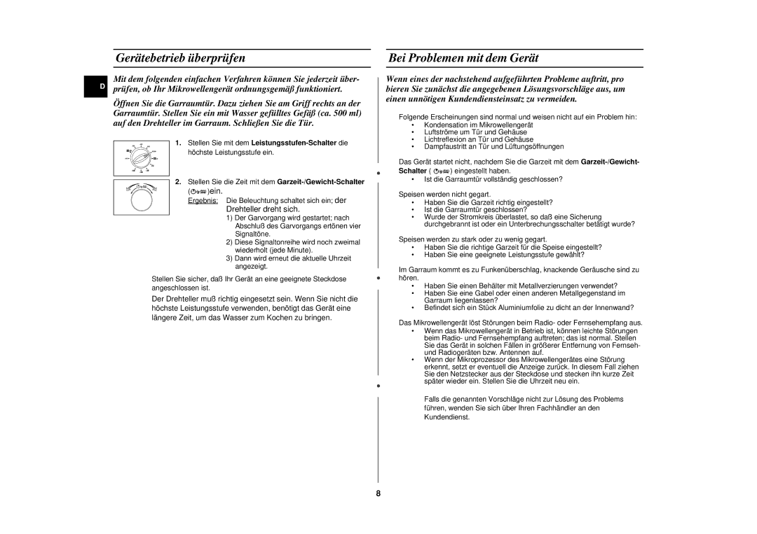 Samsung CE2727N-S/XEG, CE2727N/XEG manual Gerätebetrieb überprüfen, Bei Problemen mit dem Gerät 