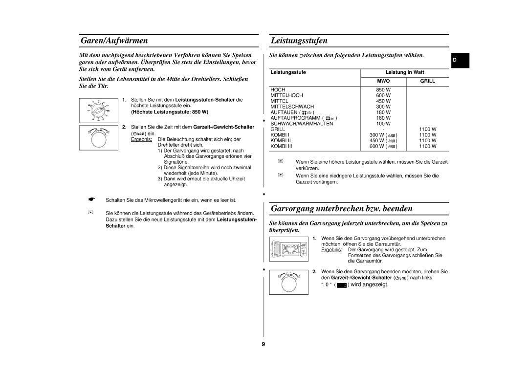 Samsung CE2727N/XEG, CE2727N-S/XEG manual Garen/Aufwärmen, Leistungsstufen, Garvorgang unterbrechen bzw. beenden 