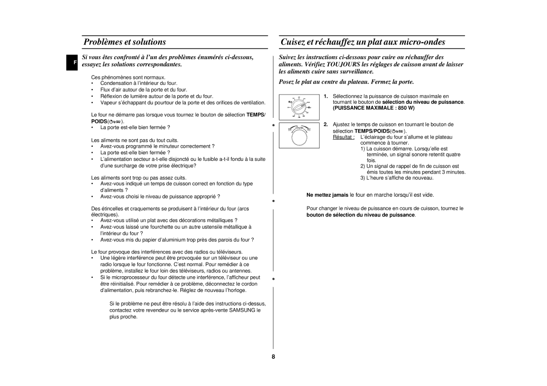 Samsung CE2727N/XEF manual Problèmes et solutions, Cuisez et réchauffez un plat aux micro-ondes, Poids 