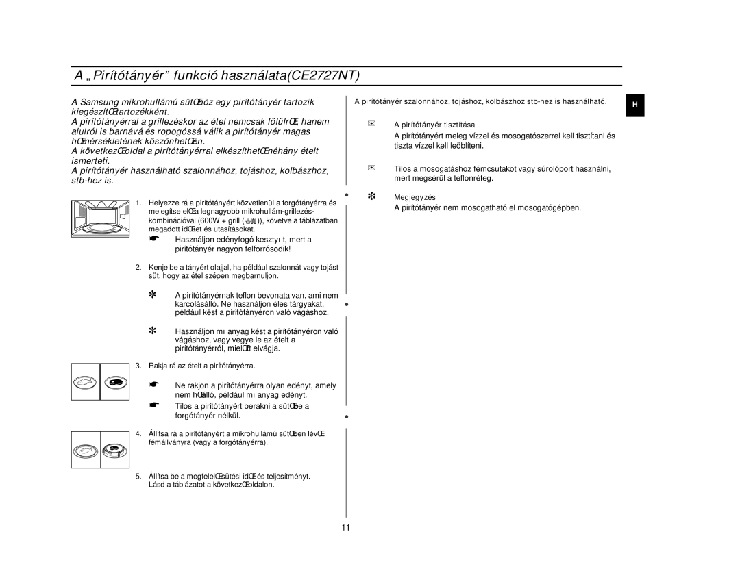 Samsung CE2717N/XEH, CE2727N/XEH manual „Pirítótányér funkció használataCE2727NT, Pirítótányér tisztítása 