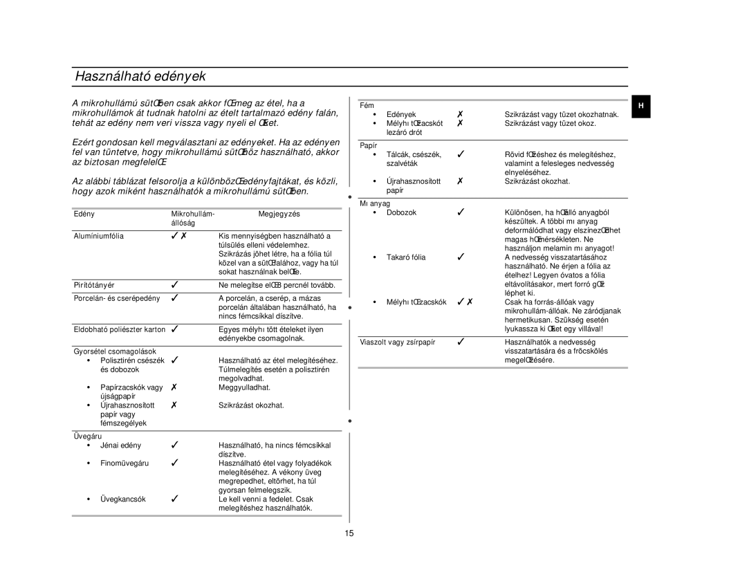 Samsung CE2717N/XEH, CE2727N/XEH manual Használható edények, Pirítótányér 