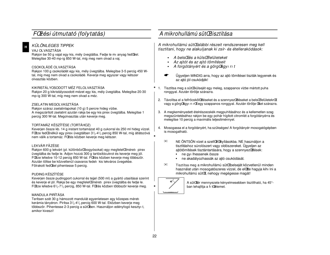 Samsung CE2727N/XEH, CE2717N/XEH manual Mikrohullámú sütŒ tisztítása, Különleges Tippek 