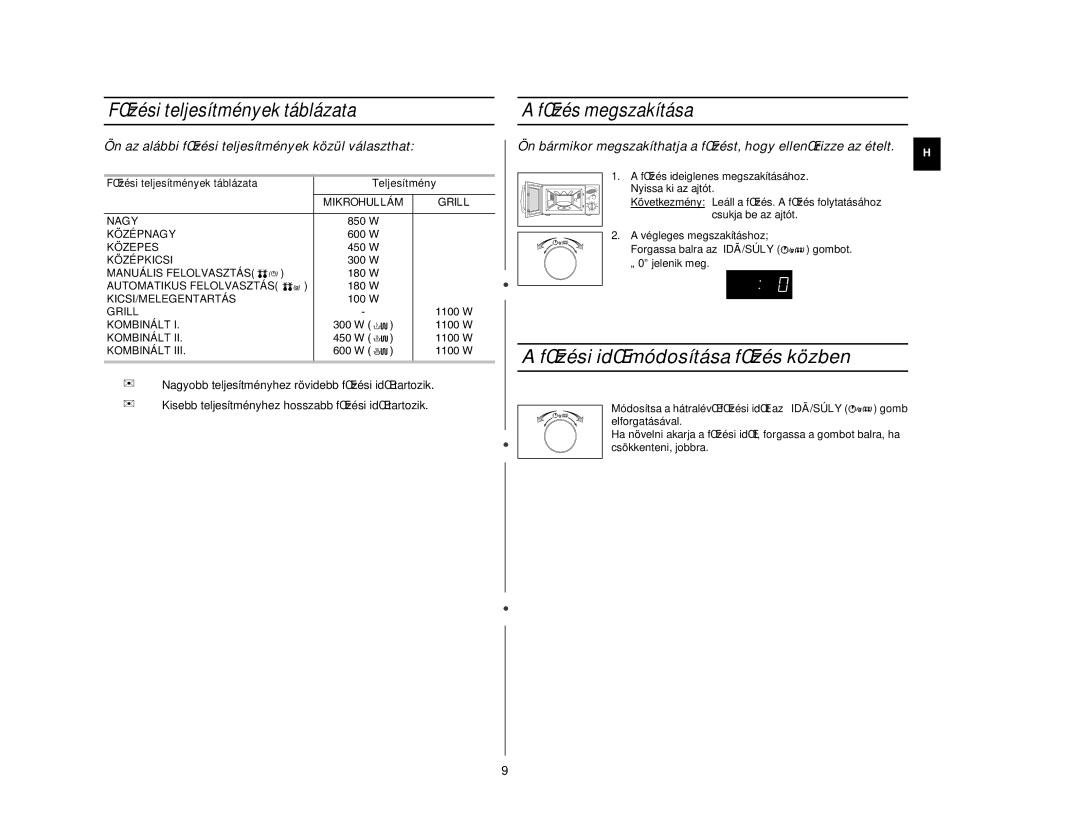 Samsung CE2717N/XEH FŒzési idŒ módosítása fŒzés közben, FŒzési teljesítmények táblázata, FŒzés megszakítása, Teljesítmény 