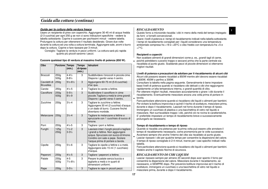 Samsung CE2727N/XET manual Guida alla cottura continua, Riscaldamento DI Cibi Liquidi 