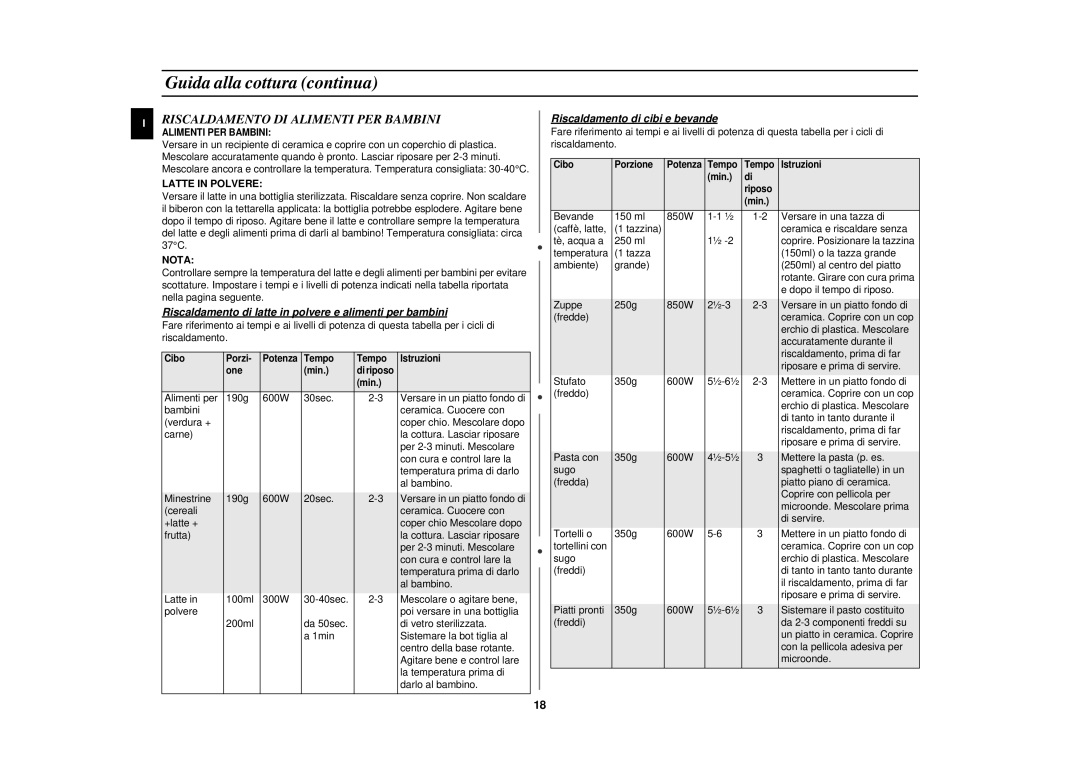 Samsung CE2727N/XET manual Riscaldamento DI Alimenti PER Bambini, Latte in Polvere, Nota, Riscaldamento di cibi e bevande 