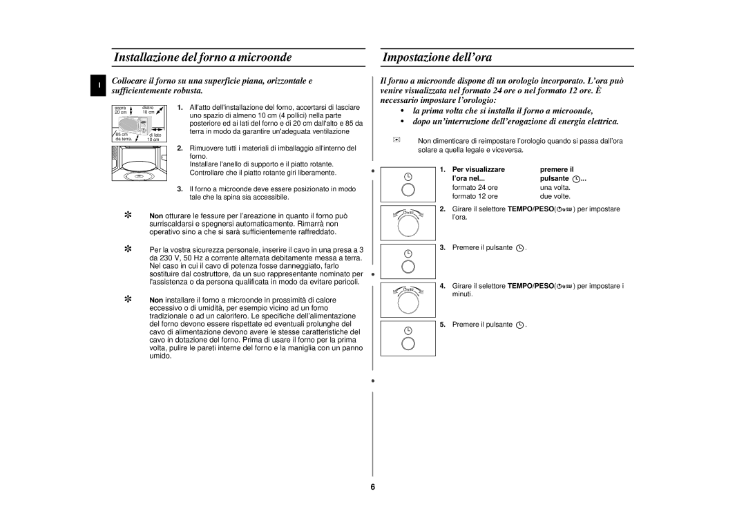 Samsung CE2727N/XET manual Installazione del forno a microonde Impostazione dell’ora 