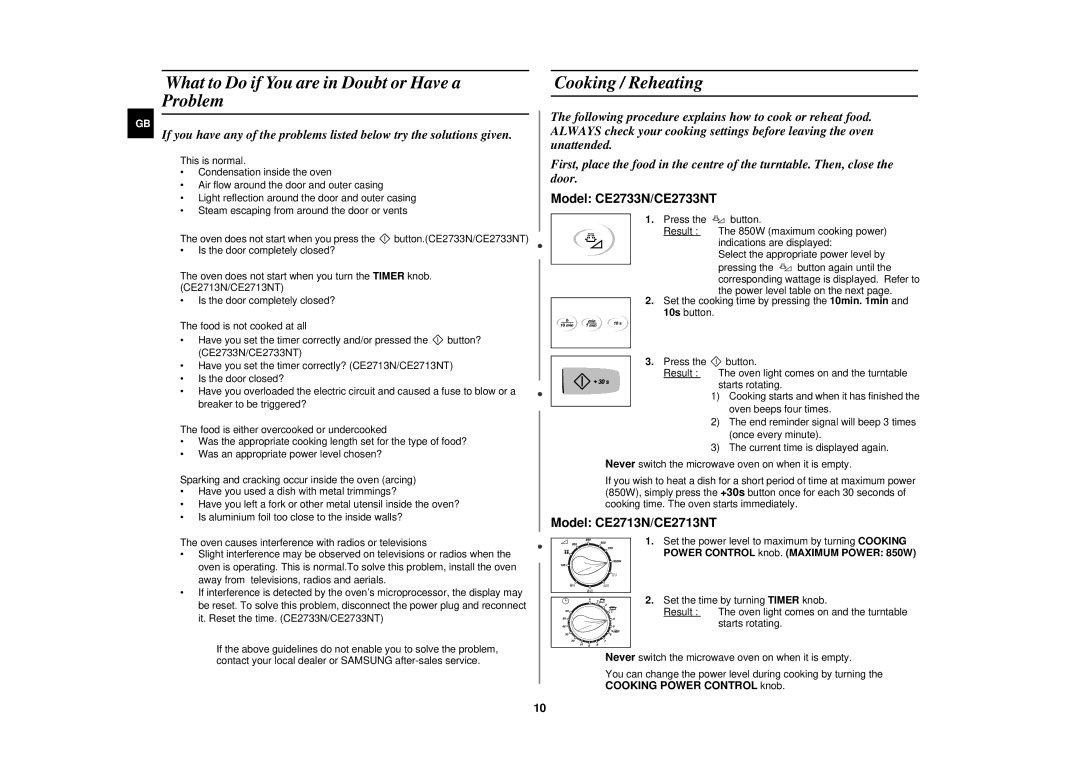 Samsung CE2733N/ELE manual What to Do if You are in Doubt or Have a Problem, Cooking / Reheating 