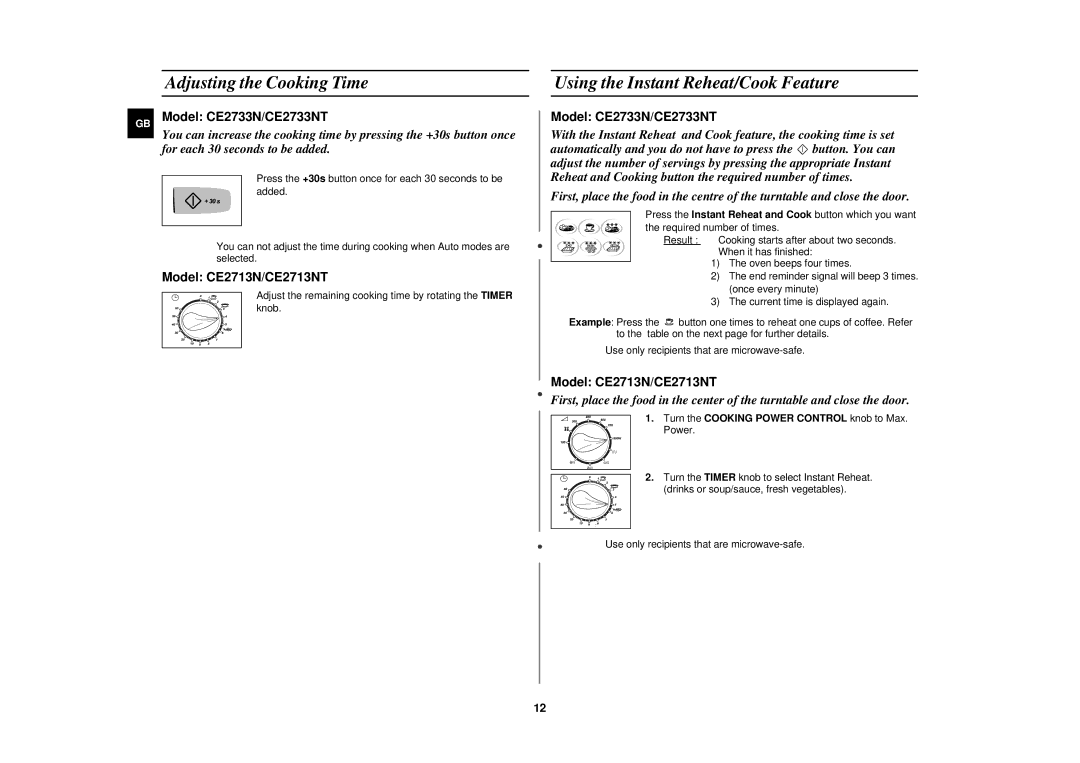 Samsung CE2733N/ELE manual Adjusting the Cooking Time, Using the Instant Reheat/Cook Feature 