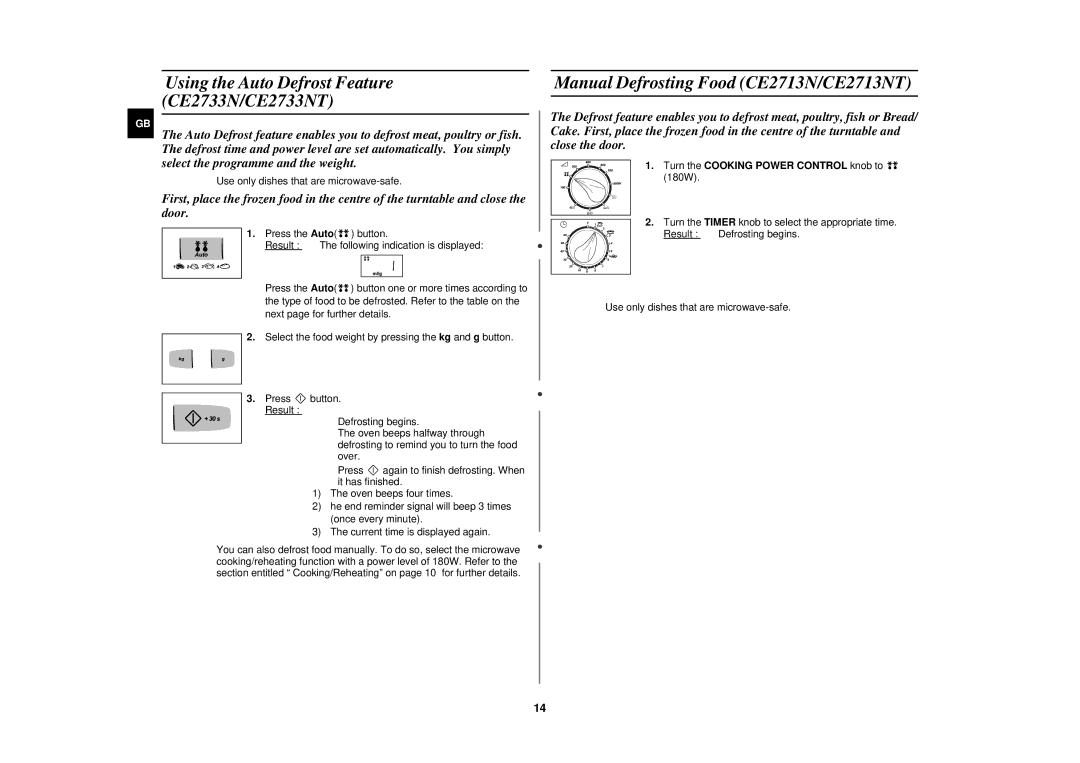 Samsung CE2733N/ELE manual Manual Defrosting Food CE2713N/CE2713NT, Turn the Cooking Power Control knob to 180W 